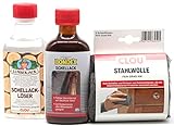 Clou Lumberjack/Bondex Schellack Streichlack Set, 250 ml Schellack Löser & Schellack Streichlack natur & Schleif Stahlwolle Fein
