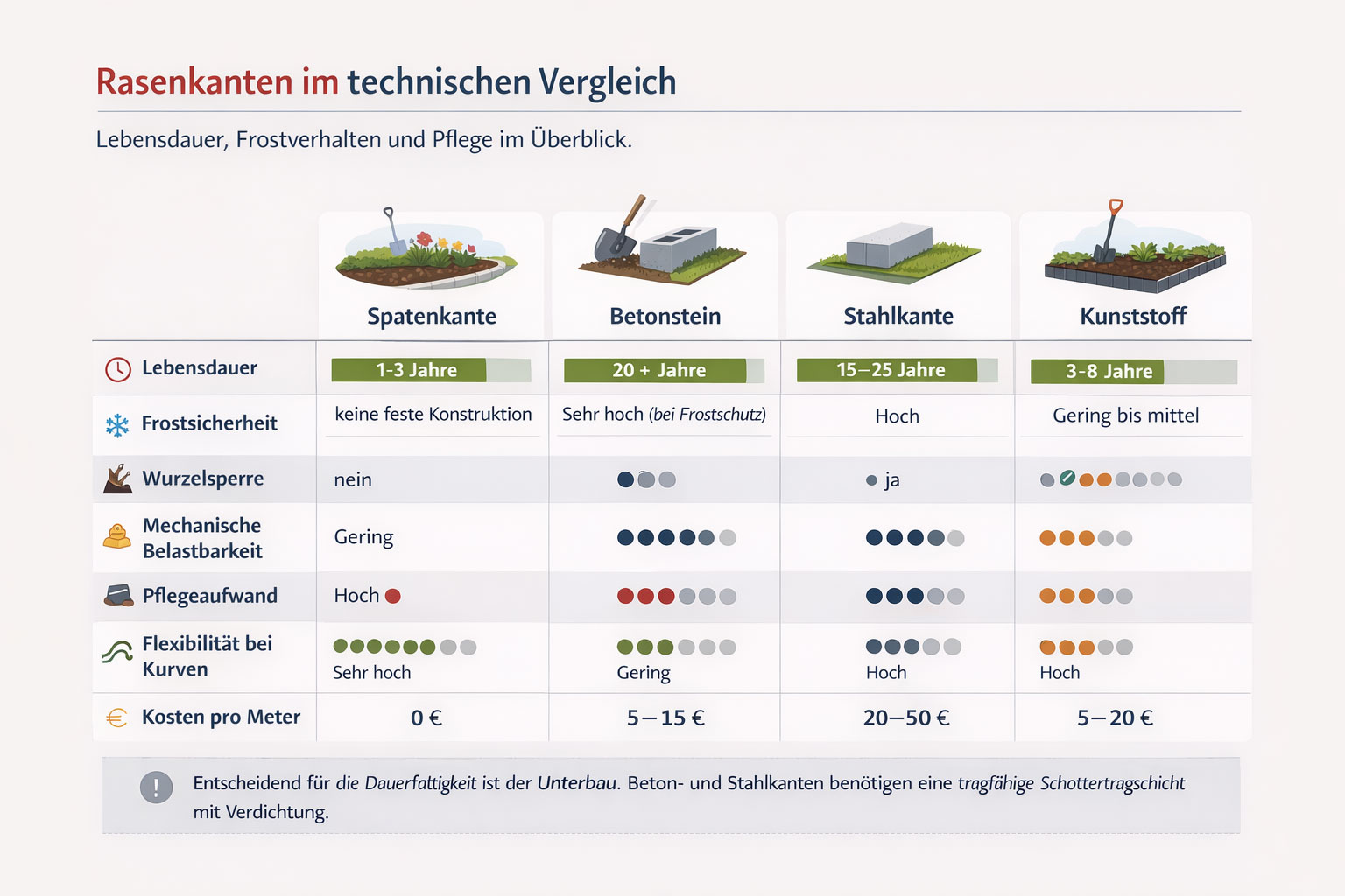Technischer Vergleich von Spatenkante, Betonstein, Stahlkante und Kunststoffrasenkante mit Lebensdauer, Frostsicherheit und Pflegeaufwand