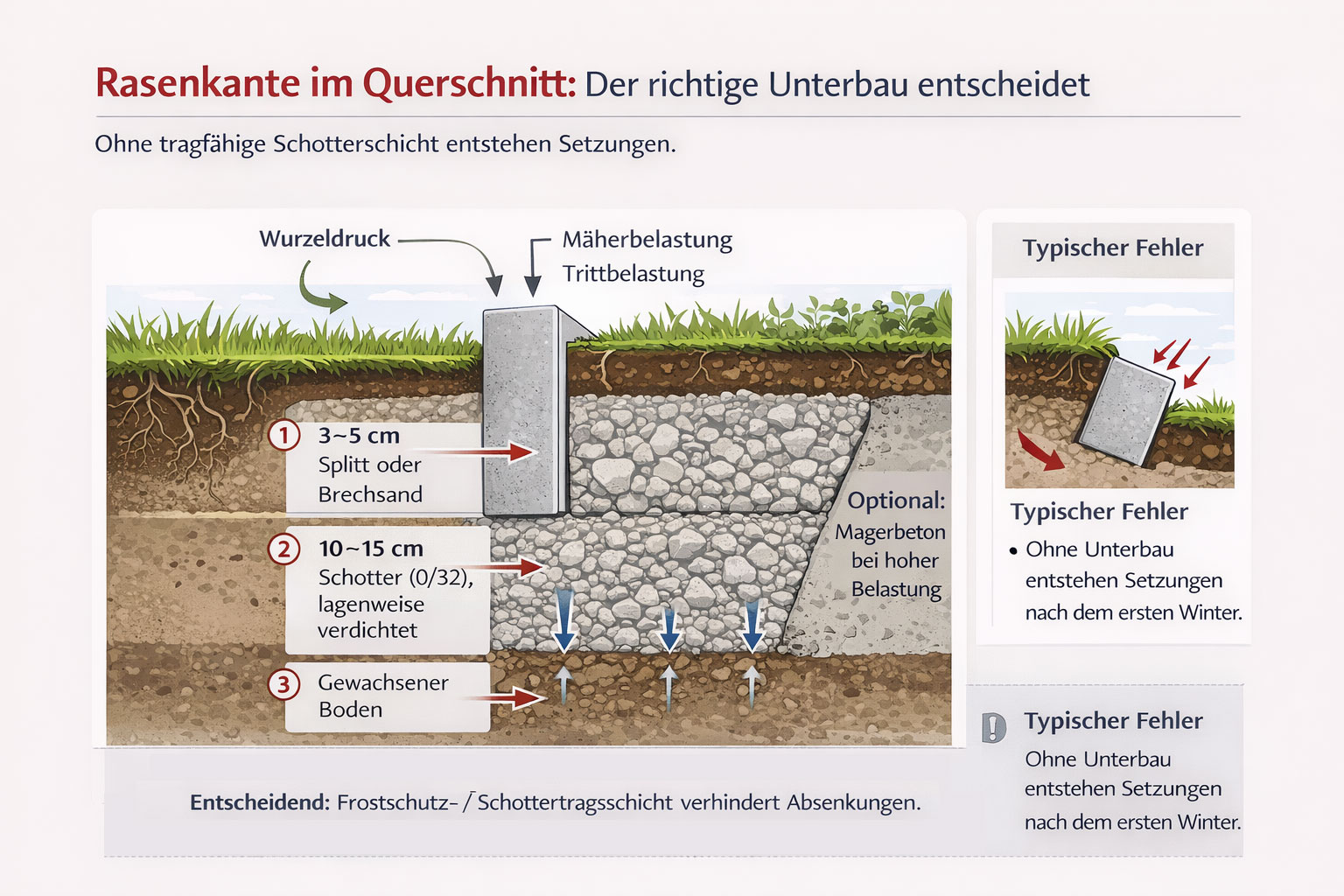 Querschnitt einer fachgerecht gesetzten Rasenkante mit Schottertragschicht, Splittbett und Ma&szlig;angaben