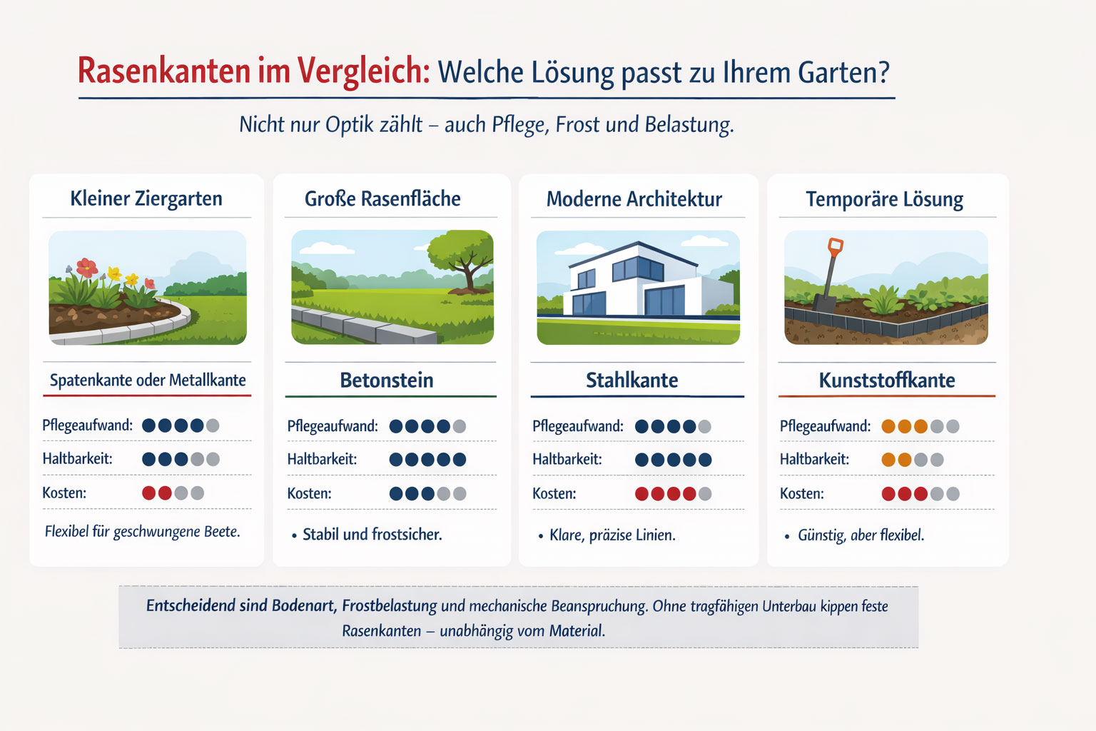 Vergleich verschiedener Rasenkanten f&uuml;r unterschiedliche Gartentypen mit Pflege-, Haltbarkeits- und Kostenbewertung