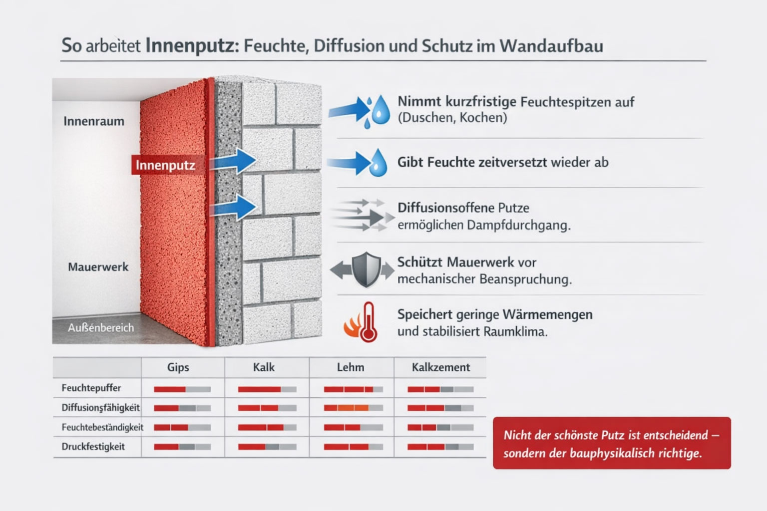 Grafik zeigt Wandquerschnitt mit Innenputz und erklärt Feuchtepufferung, Diffusion und Schutzfunktion