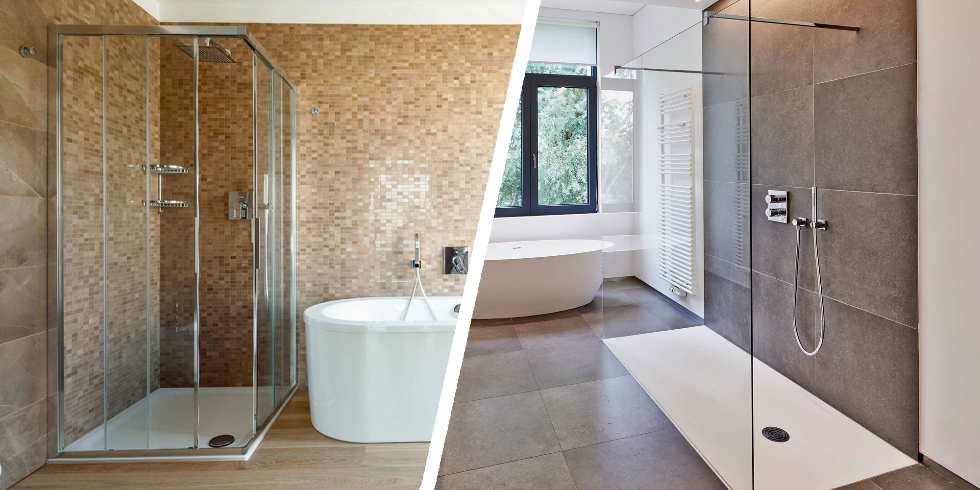 Modernes Badezimmer mit offener Walk-in-Dusche und geschlossener Duschkabine im direkten Vergleich