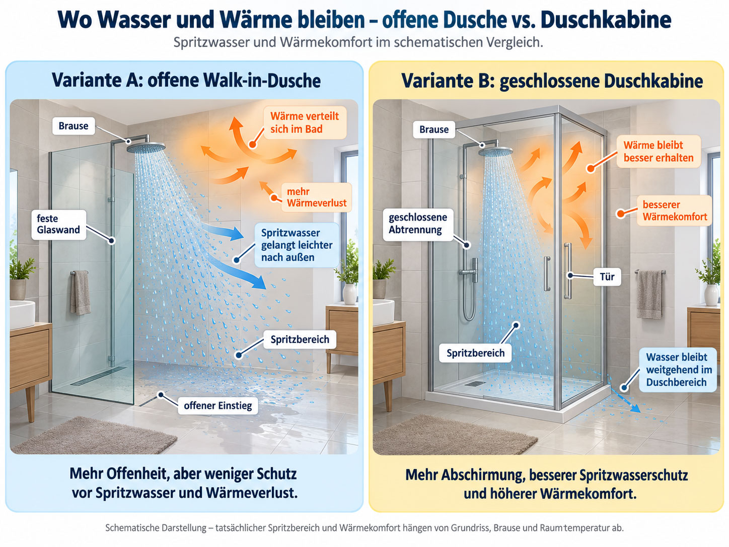 Vergleich einer offenen Walk-in-Dusche und einer geschlossenen Duschkabine hinsichtlich Spritzwasser und Wärmekomfort.
