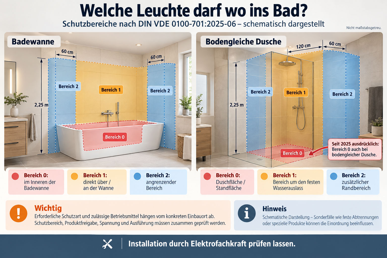 Schematische Darstellung der Schutzbereiche 0, 1 und 2 an Badewanne und bodengleicher Dusche nach DIN VDE 0100-701:2025-06.