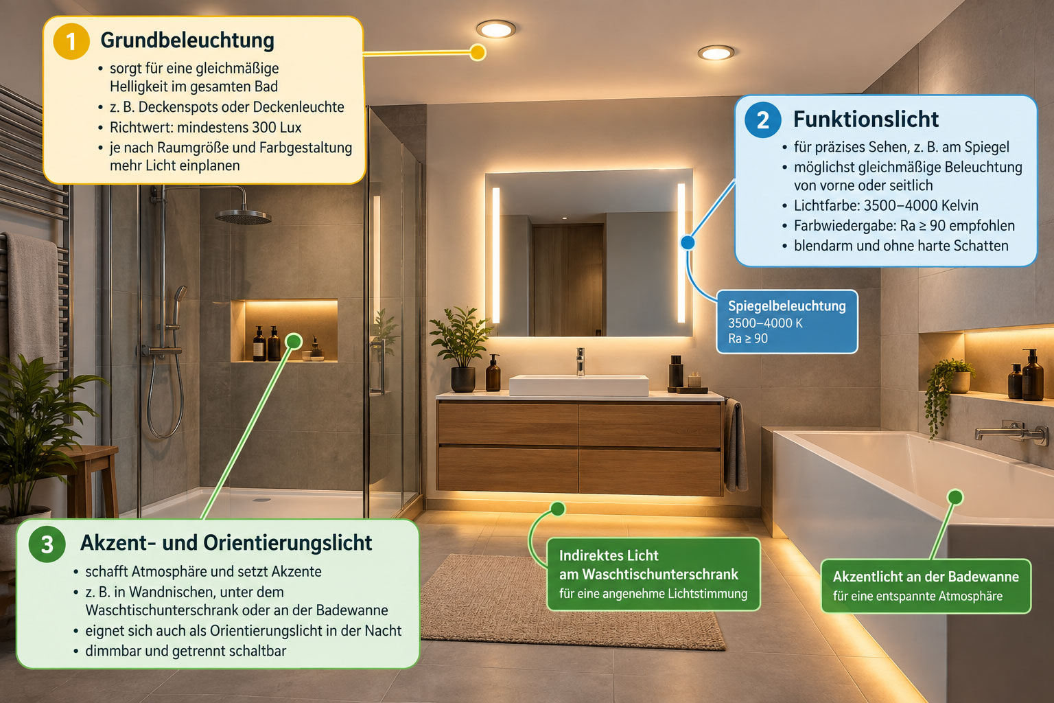 Modernes Badezimmer mit Grundbeleuchtung an der Decke, beleuchtetem Spiegel sowie Akzentlicht in Dusche, unter dem Waschtisch und an der Badewanne.