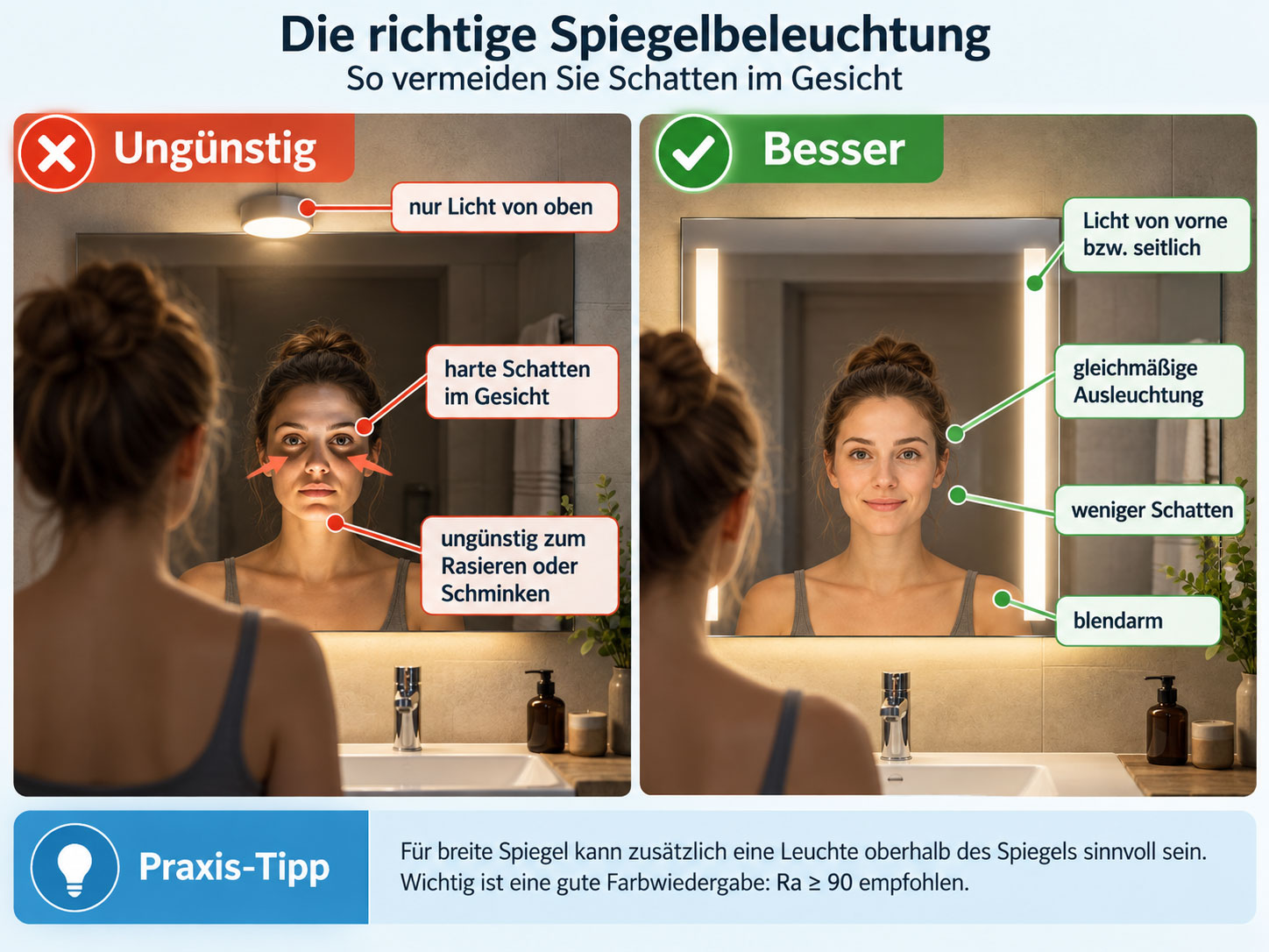 Vergleich der Spiegelbeleuchtung: Deckenlicht von oben erzeugt Schatten im Gesicht, seitliche Spiegelbeleuchtung sorgt f&uuml;r gleichm&auml;&szlig;igeres Licht.