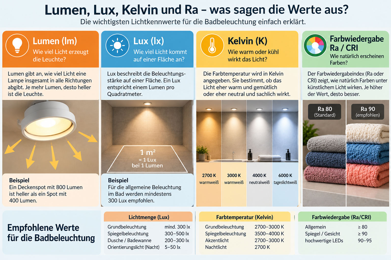 Infografik zu Lumen, Lux, Kelvin und Ra mit Richtwerten f&uuml;r Badbeleuchtung, Spiegellicht, Farbtemperatur und Farbwiedergabe.