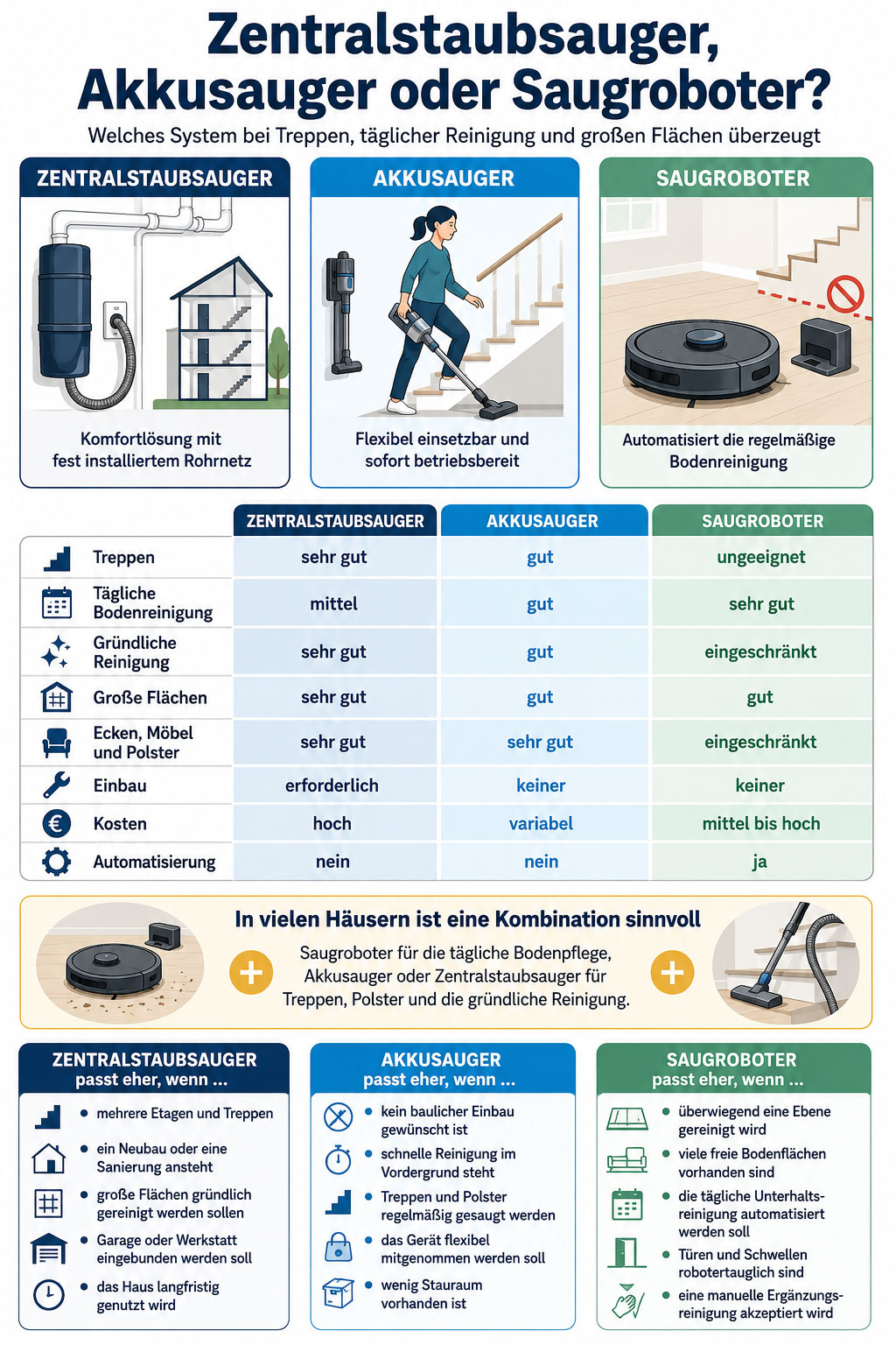 Infografik zum Vergleich von Zentralstaubsauger, Akkusauger und Saugroboter anhand von Treppenreinigung, gro&szlig;en Fl&auml;chen, Einbauaufwand, Kosten und Automatisierung.