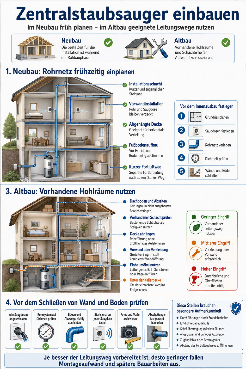 Infografik mit Geb&auml;udeschnitten zum Einbau eines Zentralstaubsaugers im Neubau und zur Nachr&uuml;stung im Altbau &uuml;ber Kellerdecke, Vorwand, abgeh&auml;ngte Decke und Installationsschacht.