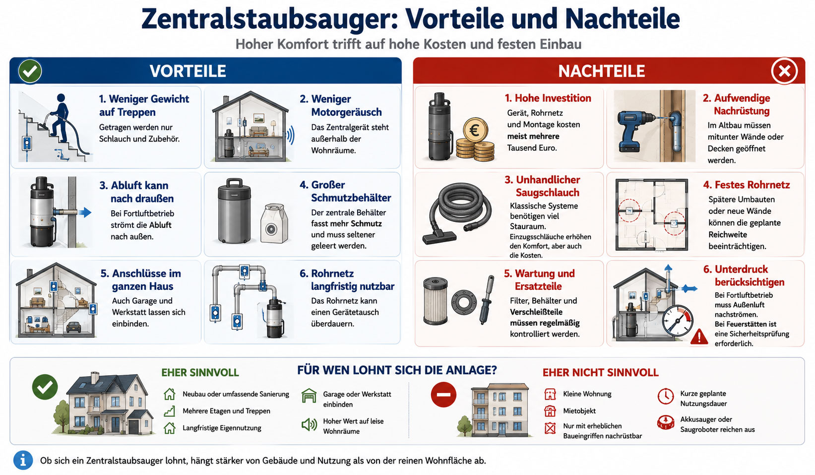 Infografik mit sechs Vorteilen und sechs Nachteilen eines Zentralstaubsaugers sowie einer Entscheidungshilfe f&uuml;r geeignete und weniger geeignete Geb&auml;ude.