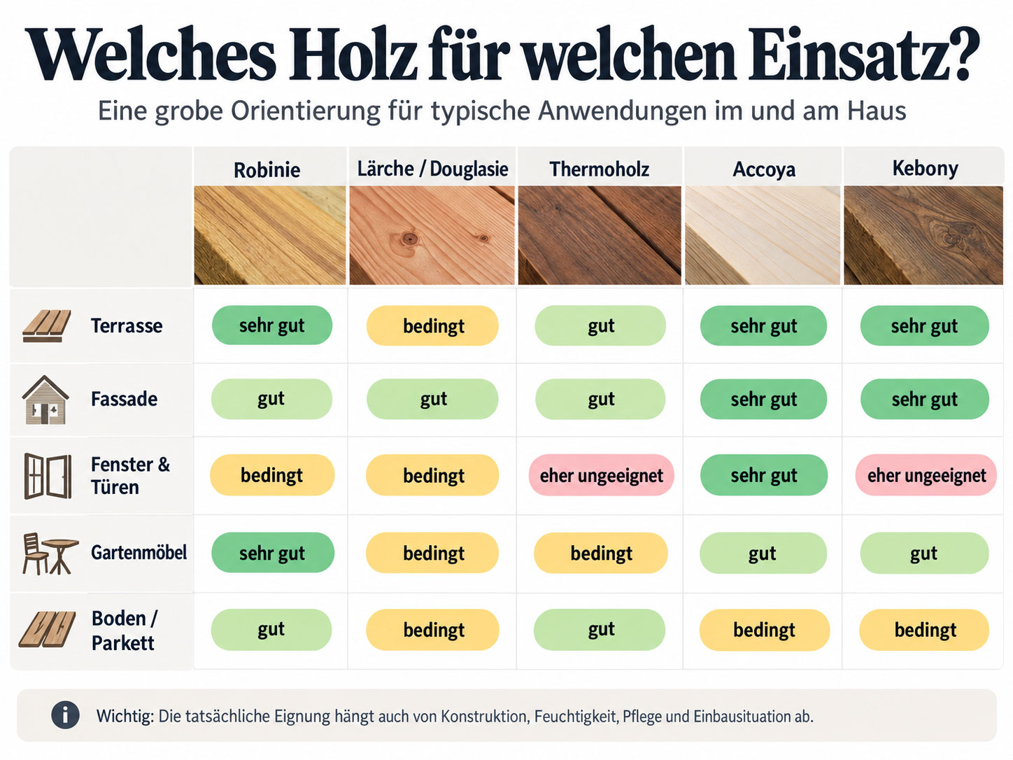 Vergleichstabelle zur Eignung von Robinie, Lärche und Douglasie, Thermoholz, Accoya und Kebony für Terrasse, Fassade, Fenster und Türen, Gartenmöbel sowie Boden und Parkett.