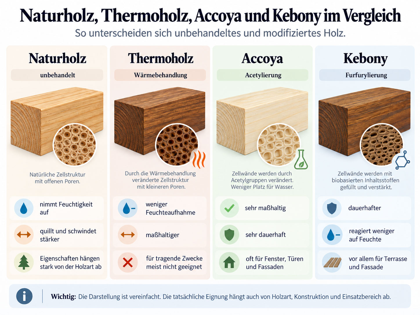 Infografik zum Vergleich von Naturholz, Thermoholz, Accoya und Kebony mit den Verfahren Wärmebehandlung, Acetylierung und Furfurylierung sowie deren Auswirkungen auf Feuchteaufnahme, Maßhaltigkeit und Dauerhaftigkeit.