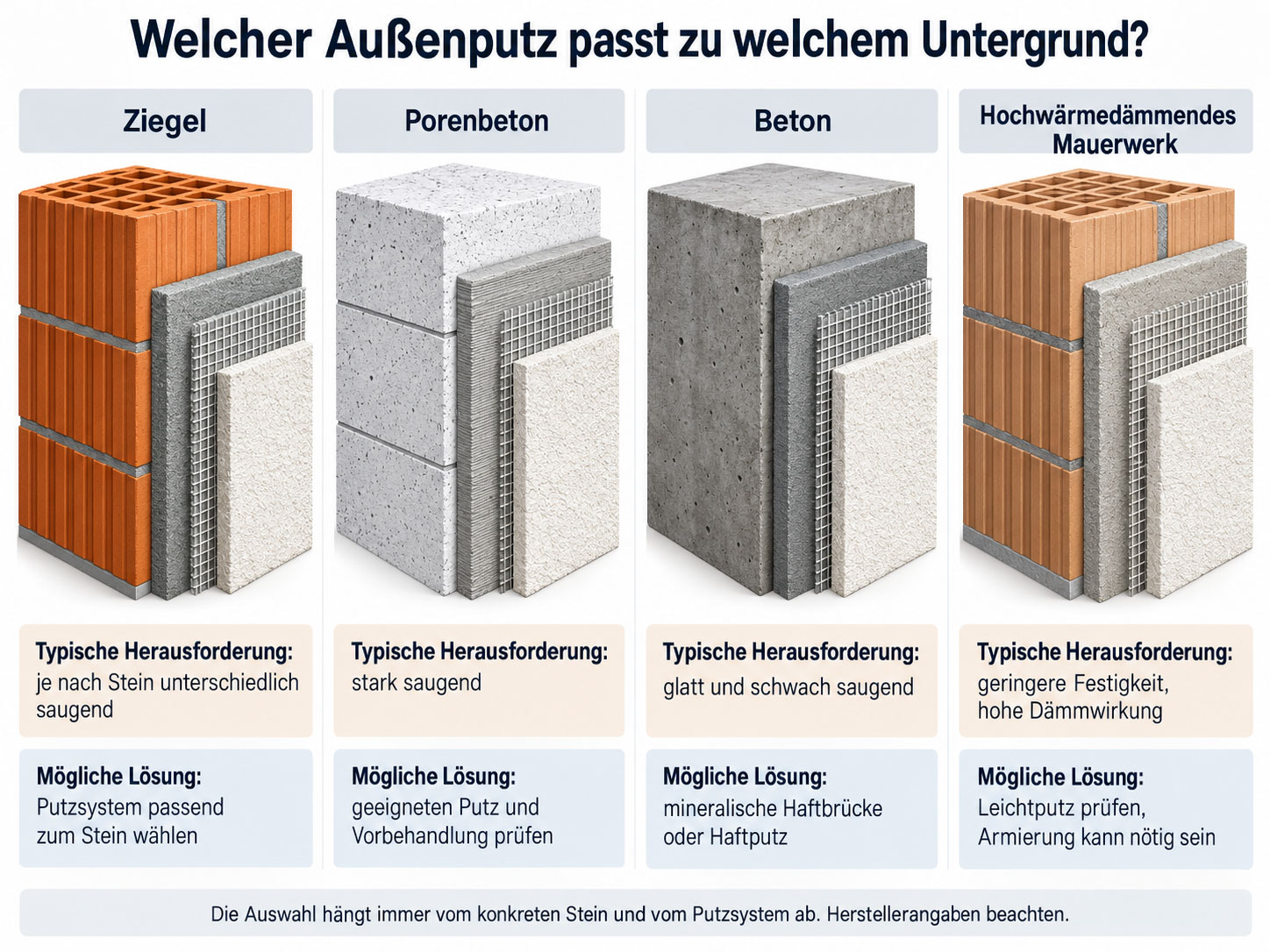 Übersicht zu geeigneten Außenputz-Systemen für Ziegel, Porenbeton, Beton und hochwärmedämmendes Mauerwerk mit typischen Herausforderungen.