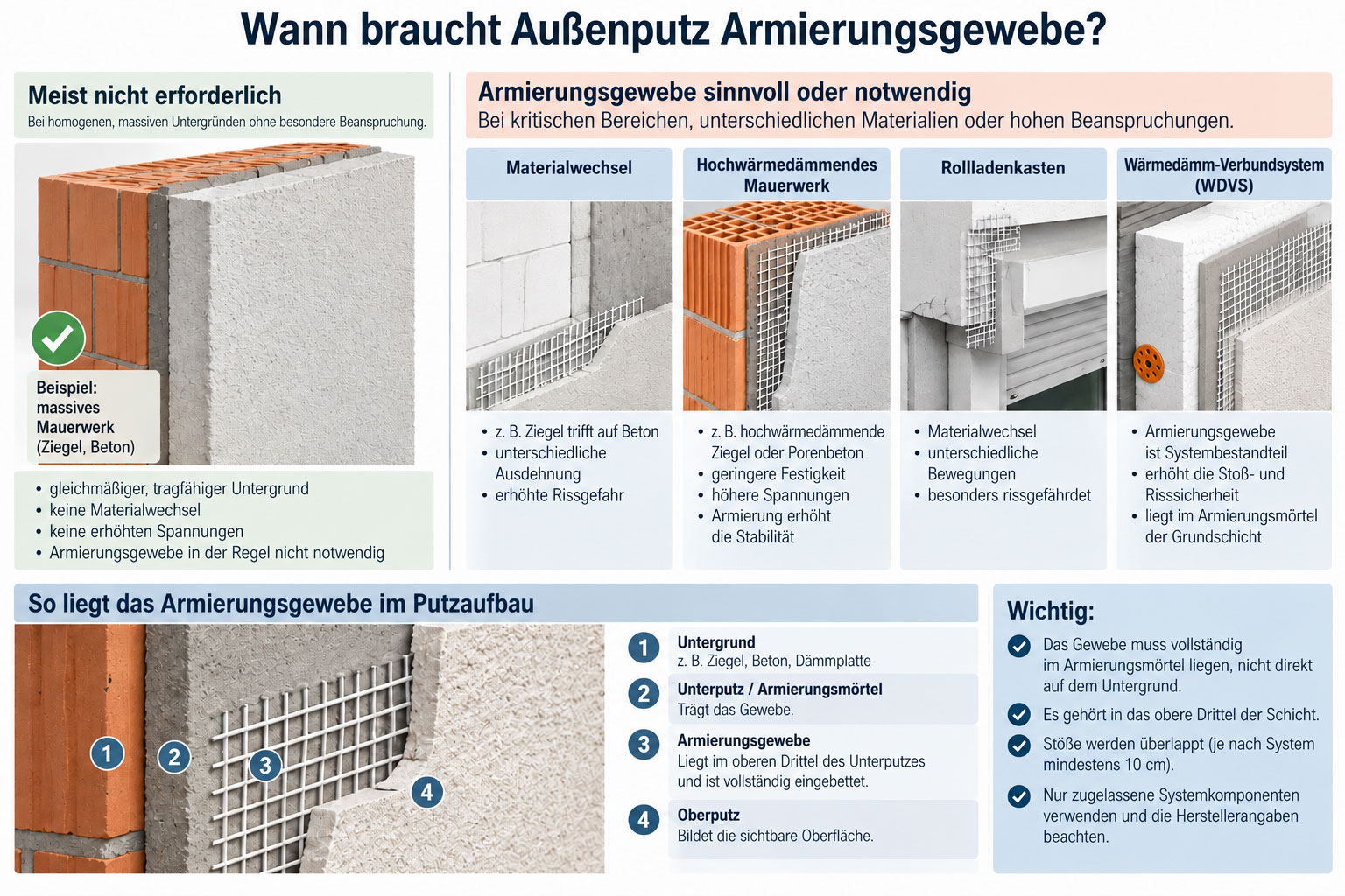 Vergleich einer homogenen Wand ohne zusätzliche Armierung mit kritischen Bereichen wie Materialwechsel, hochwärmedämmendem Mauerwerk, Rollladenkasten und WDVS sowie Schnitt durch Armierungsmörtel mit Gewebe.
