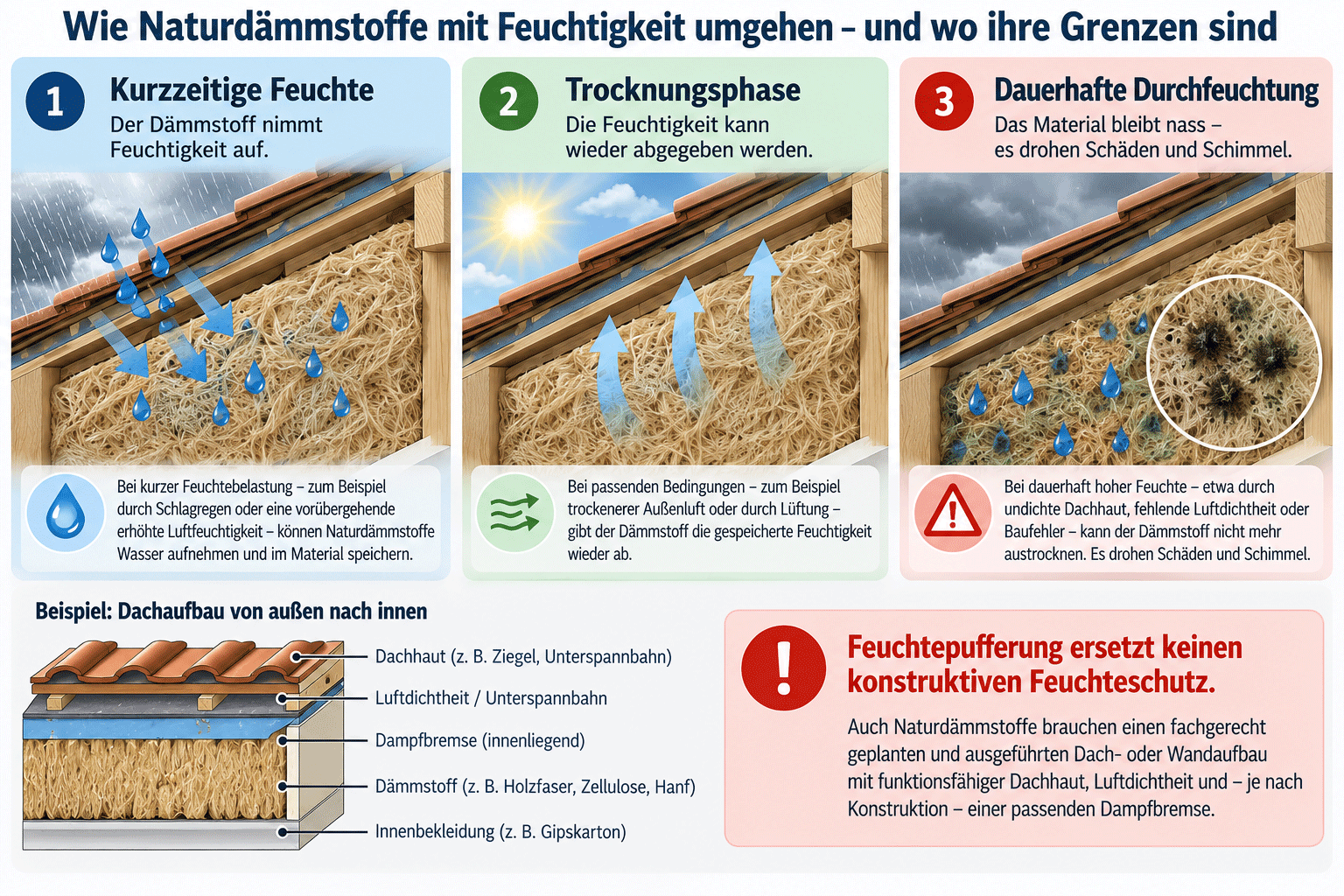 Drei Phasen des Feuchteverhaltens von Naturd&auml;mmstoffen: kurzfristige Feuchteaufnahme, Trocknung und dauerhafte Durchfeuchtung mit Schimmelrisiko; darunter beispielhafter Dachaufbau mit D&auml;mmstoff, Luftdichtheit und Dampfbremse.