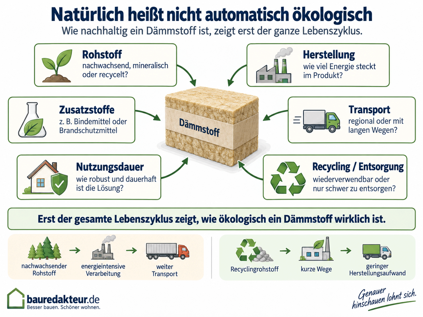 Infografik zum Lebenszyklus von D&auml;mmstoffen mit Rohstoff, Herstellung, Zusatzstoffen, Transport, Nutzungsdauer sowie Recycling und Entsorgung. 