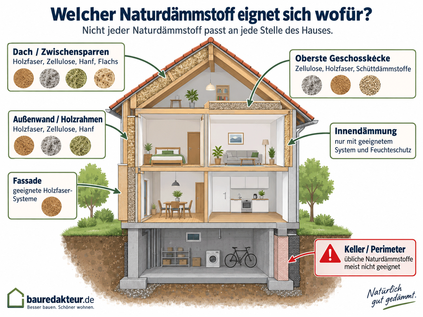 Hausquerschnitt mit Einsatzbereichen f&uuml;r Naturd&auml;mmstoffe: Holzfaser, Zellulose, Hanf und Flachs bei Dach, Au&szlig;enwand, Fassade und Geschossdecke; Hinweis auf ungeeignete Keller- und Perimeterbereiche. 