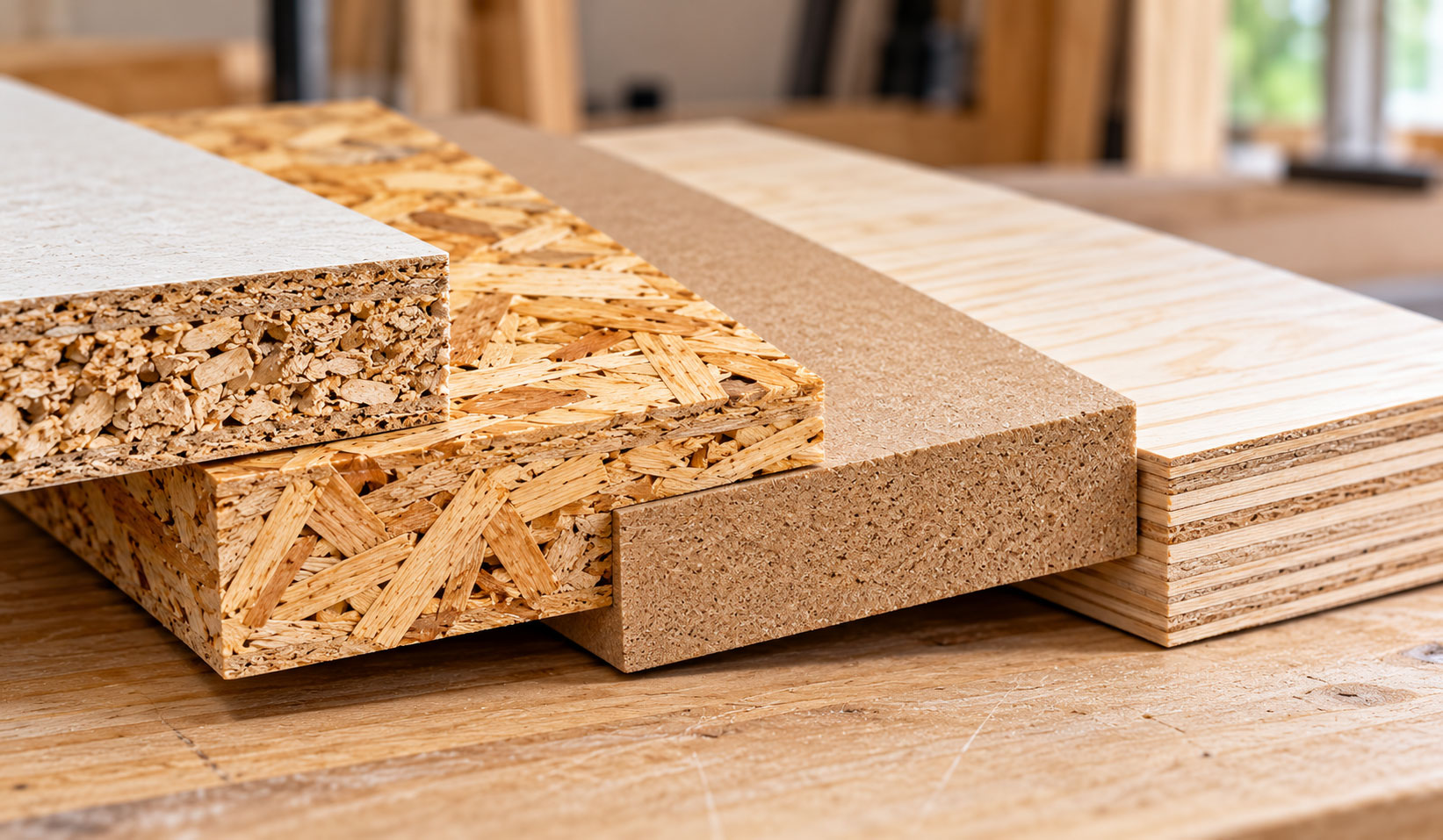 Vier Holzwerkstoffplatten liegen versetzt auf einer Werkbank: beschichtete Spanplatte mit groben Holzspänen, OSB mit langen Holzspänen, MDF mit feiner Faserstruktur und Sperrholz mit mehreren Furnierlagen.