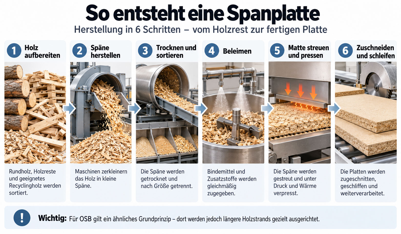 Infografik zur Herstellung von Spanplatten in sechs Schritten: Holz aufbereiten, Späne herstellen, trocknen und sortieren, Bindemittel zugeben, unter Hitze pressen sowie fertige Platten zuschneiden und schleifen.