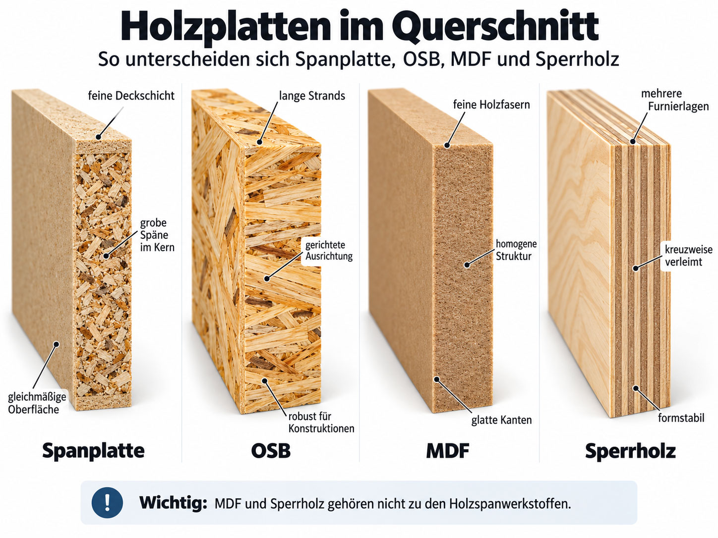 Vergleich von Spanplatte, OSB, MDF und Sperrholz im Querschnitt: Spanplatte mit groben und feinen Spänen, OSB mit langen Holzspänen, MDF mit feinen Holzfasern und Sperrholz mit mehreren Furnierlagen.