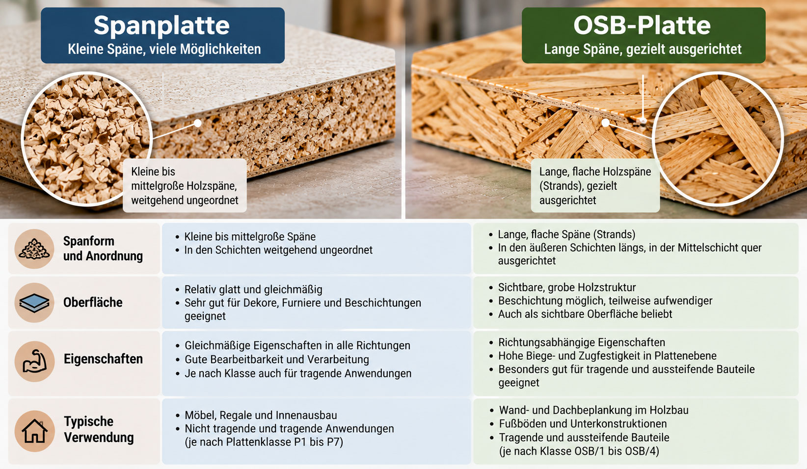 Vergleichsgrafik von Spanplatte und OSB-Platte mit vergrößerter Holzstruktur. Gegenübergestellt werden Spanform, Anordnung der Späne, Oberflächenbeschaffenheit, mechanische Eigenschaften und typische Anwendungen im Möbelbau und Holzbau.