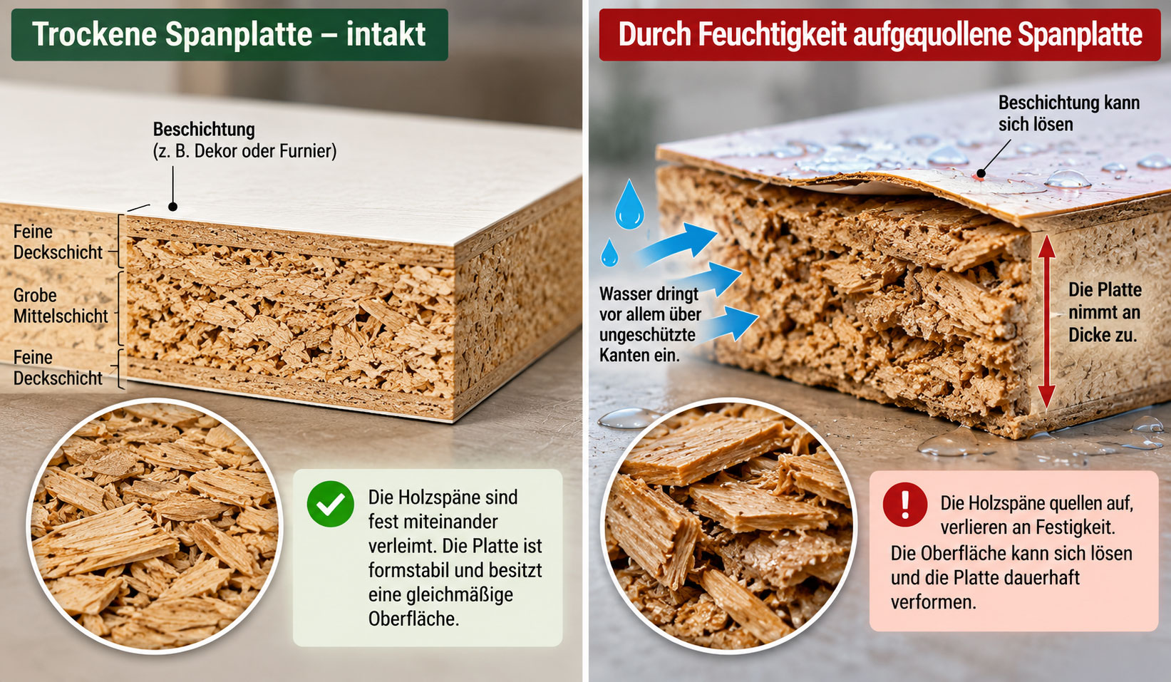 Schnittzeichnung einer trockenen und einer durch Wasser aufgequollenen Spanplatte. Pfeile zeigen, wie Feuchtigkeit über die ungeschützte Kante eindringt, die Holzspäne aufquellen und sich die Oberflächenbeschichtung ablöst.