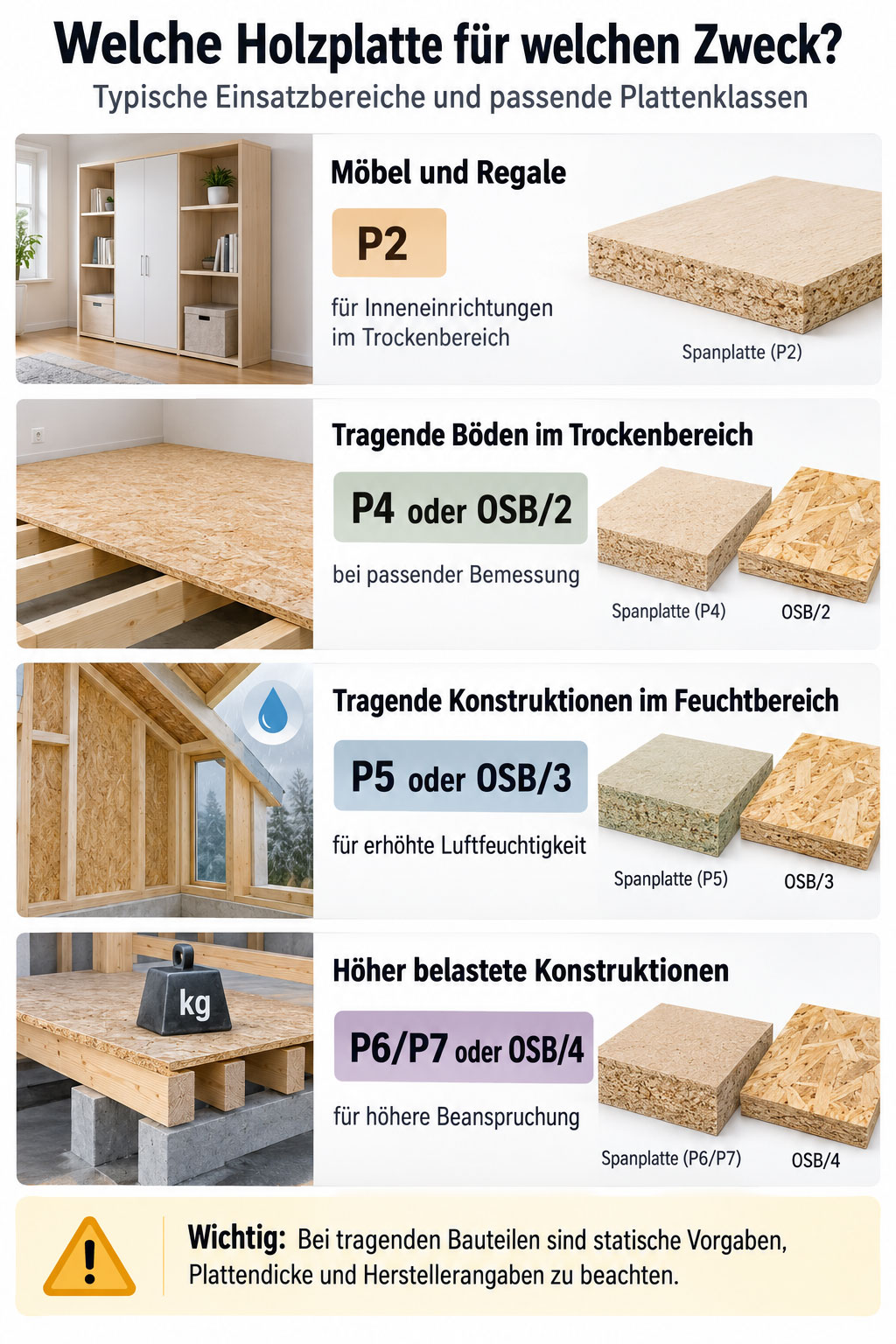 Infografik mit vier Einsatzbereichen für Holzplatten: Möbel und Regale mit P2, tragende Böden im Trockenbereich mit P4 oder OSB/2, tragende Konstruktionen im Feuchtbereich mit P5 oder OSB/3 sowie höher belastete Bauteile mit P6, P7 oder OSB/4.