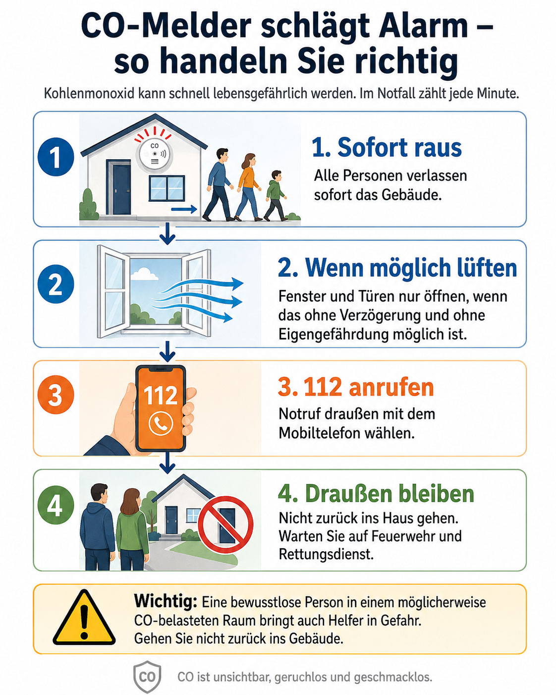 Bei einem CO-Alarm gilt: Geb&auml;ude sofort verlassen, den Notruf 112 im Freien w&auml;hlen und erst nach Freigabe durch die Einsatzkr&auml;fte zur&uuml;ckkehren. Fenster und T&uuml;ren nur &ouml;ffnen, wenn dies ohne Verz&ouml;gerung und ohne Eigengef&auml;hrdung m&ouml;glich ist.