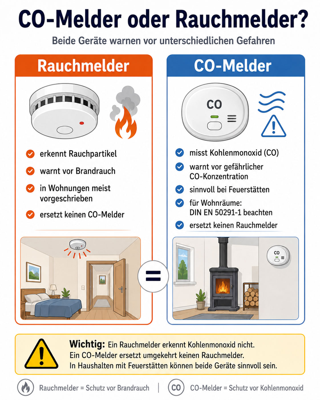 Rauchmelder und CO-Melder sch&uuml;tzen vor unterschiedlichen Gefahren: Rauchmelder erkennen Brandrauch, CO-Melder warnen vor gef&auml;hrlichen Kohlenmonoxid-Konzentrationen. Keines der beiden Ger&auml;te kann das andere ersetzen.