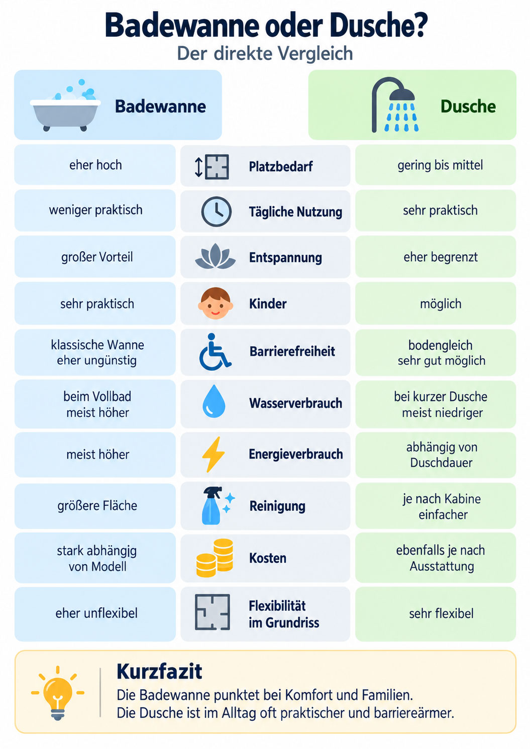 Infografik vergleicht Badewanne und Dusche bei Platzbedarf, Nutzung, Kindern, Barrierefreiheit, Verbrauch und Kosten.