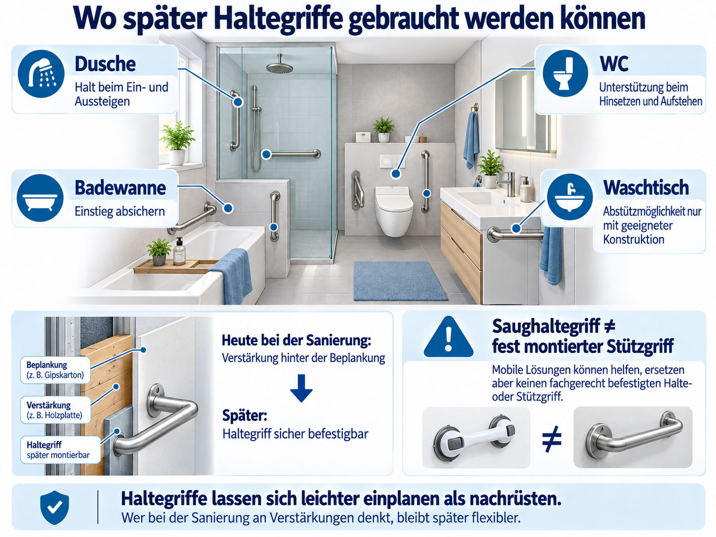 Infografik mit m&ouml;glichen Haltegriffpositionen an Dusche, WC, Badewanne und Waschtisch sowie einer Schnittdarstellung zur Wandverst&auml;rkung und dem Vergleich von Saughaltegriff und fest montiertem St&uuml;tzgriff.