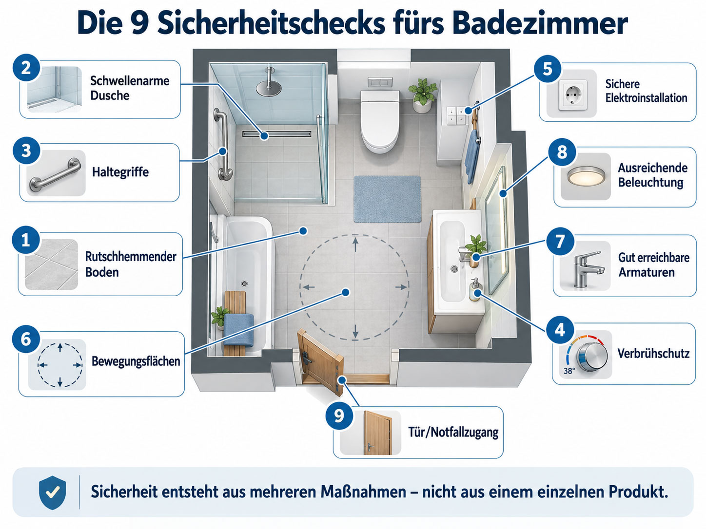 Infografik mit neun Sicherheitschecks im Badezimmer: rutschhemmender Boden, schwellenarme Dusche, Haltegriffe, Verbr&uuml;hschutz, sichere Elektroinstallation, Bewegungsfl&auml;chen, gut erreichbare Armaturen, Beleuchtung und Notfallzugang.