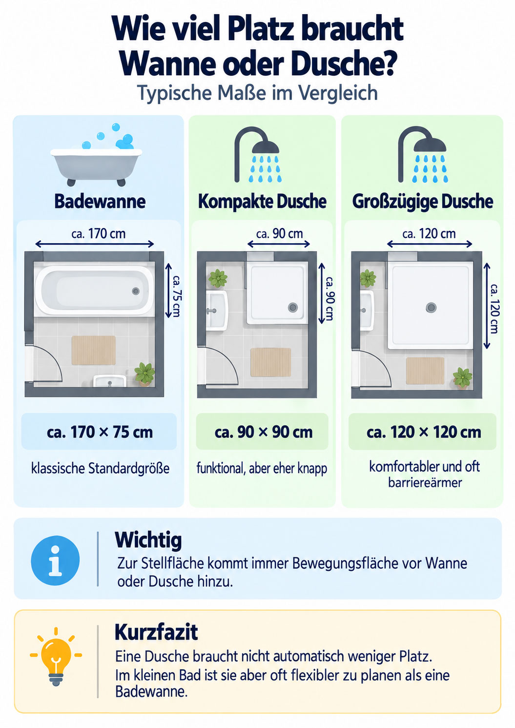 Vergleich des Platzbedarfs von Badewanne, kompakter Dusche und gro&szlig;z&uuml;giger Dusche mit typischen Abmessungen.
