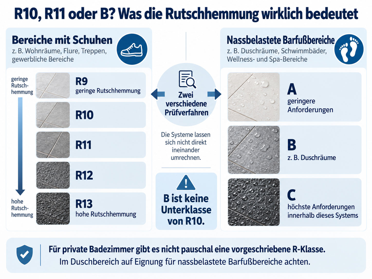 Infografik zum Unterschied zwischen Rutschhemmungsklassen R9 bis R13 f&uuml;r Schuhbereiche und den Bewertungsgruppen A, B und C f&uuml;r nassbelastete Barfu&szlig;bereiche.