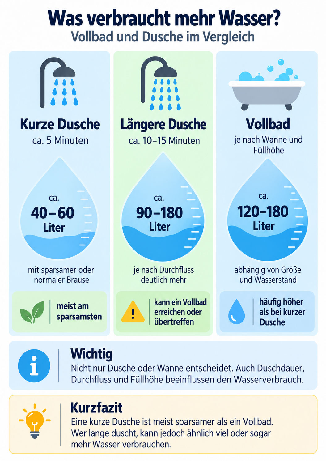 Infografik zum Wasserverbrauch: kurze Dusche mit 40 bis 60 Litern, l&auml;ngere Dusche und Vollbad mit deutlich h&ouml;herem Verbrauch.