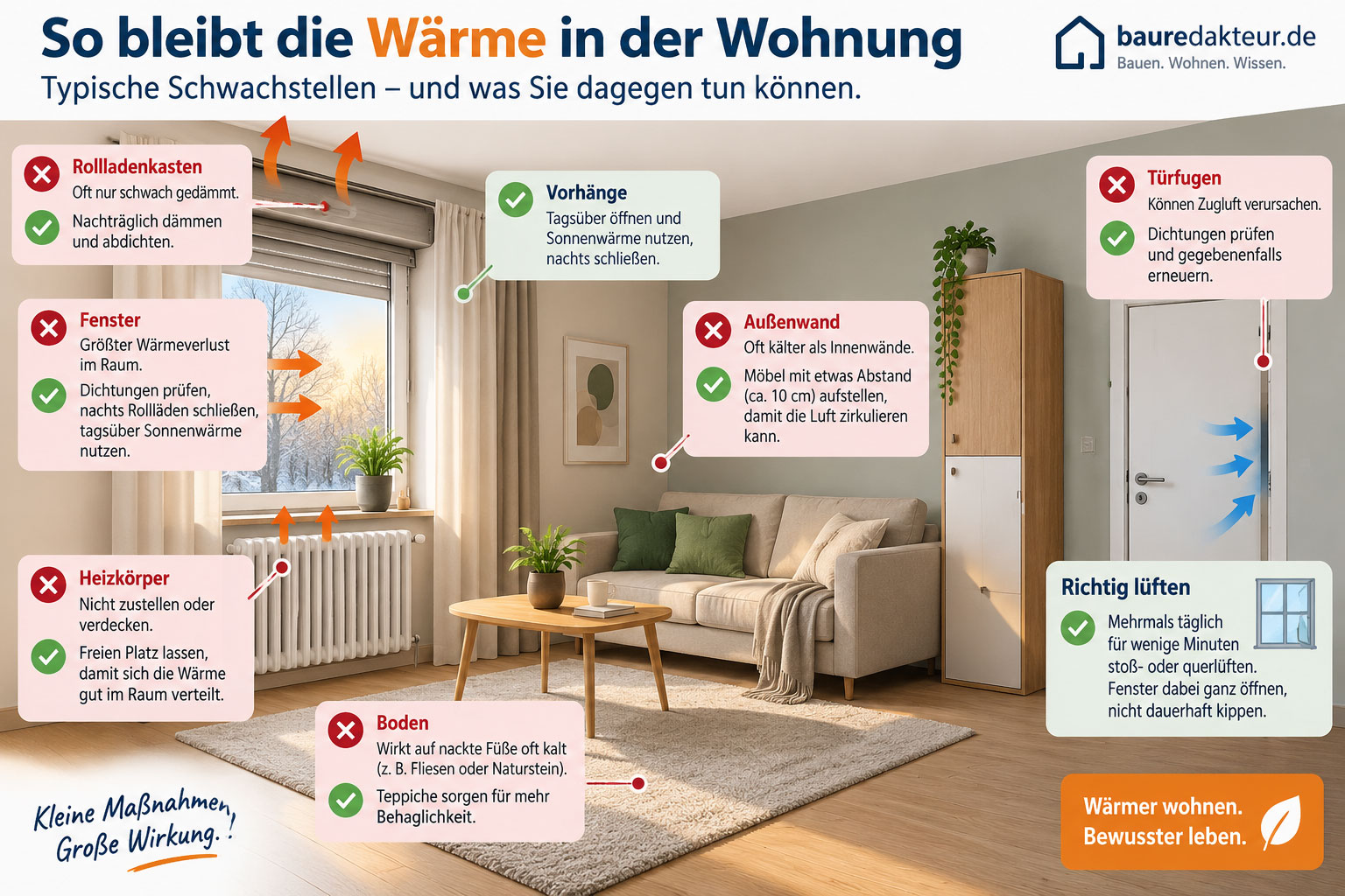 Infografik zu Wärmeverlusten in der Wohnung mit Tipps zu Fenstern, Rollladenkästen, Türdichtungen, Heizkörpern, Außenwänden, Teppichen, Vorhängen und richtigem Lüften.