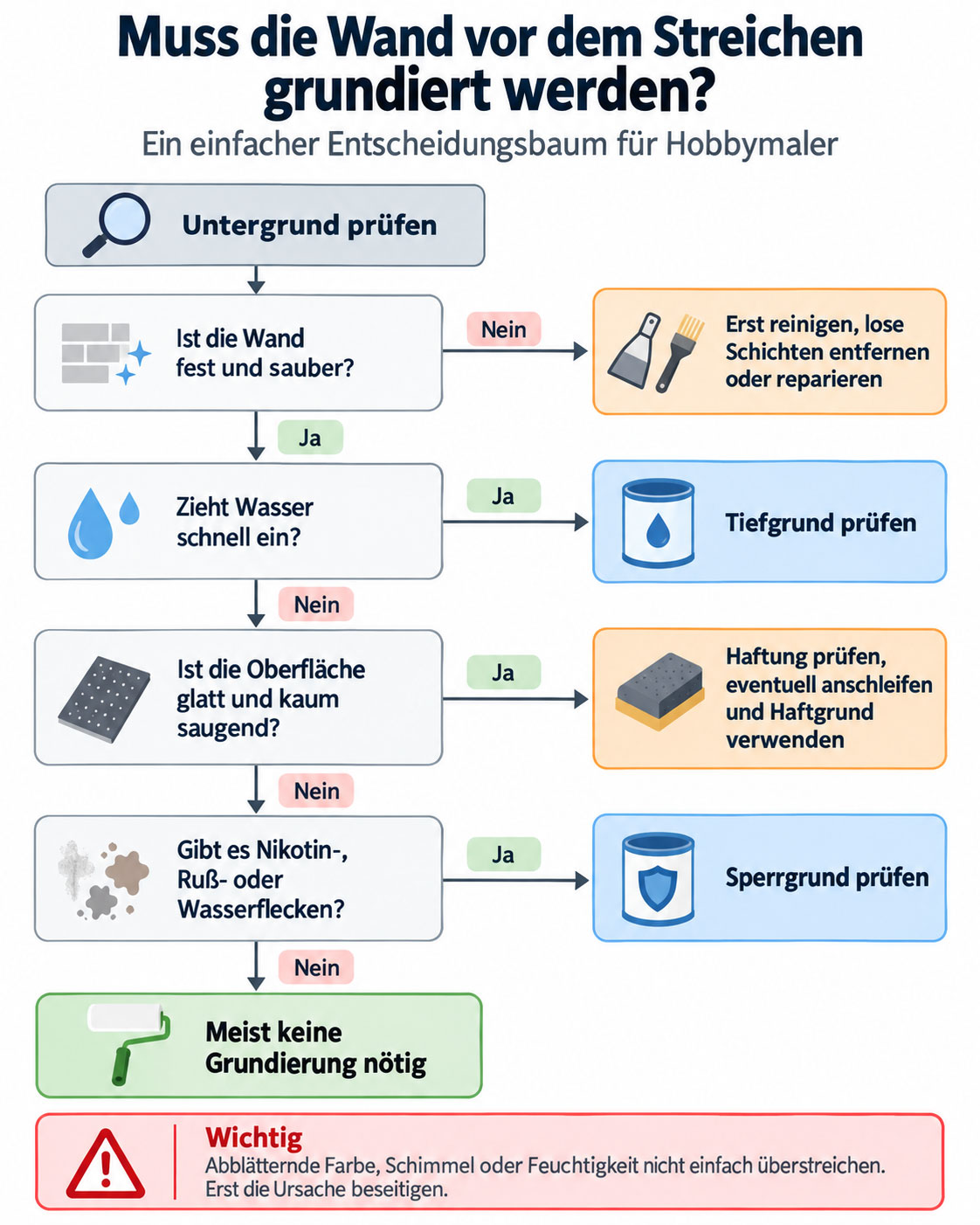 Entscheidungsbaum zur Frage, ob eine Wand vor dem Streichen grundiert werden muss, mit Hinweisen zu Tiefgrund, Haftgrund und Sperrgrund.