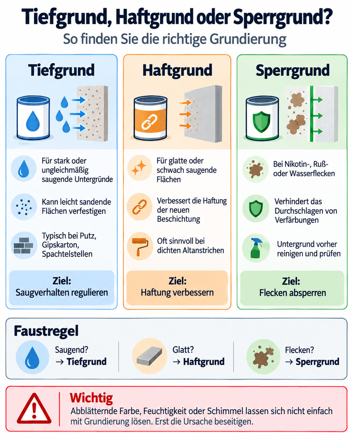 Vergleich von Tiefgrund, Haftgrund und Sperrgrund mit Einsatzbereichen und jeweiliger Funktion.