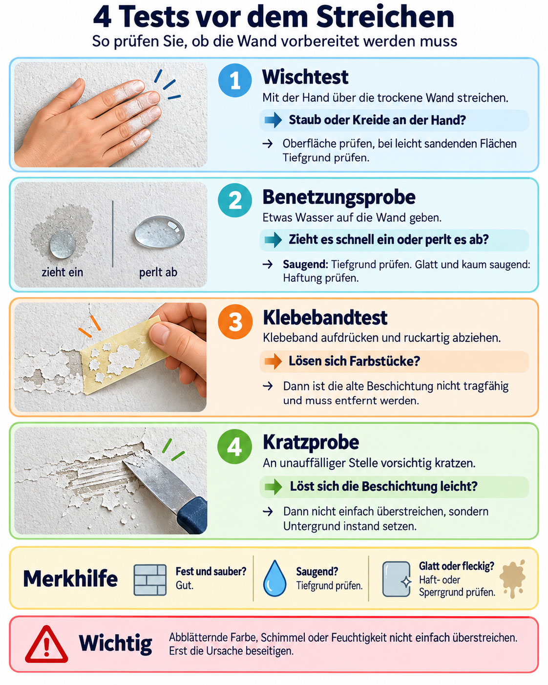 Vier Untergrundtests vor dem Streichen: Wischtest, Benetzungsprobe, Klebebandtest und Kratzprobe.