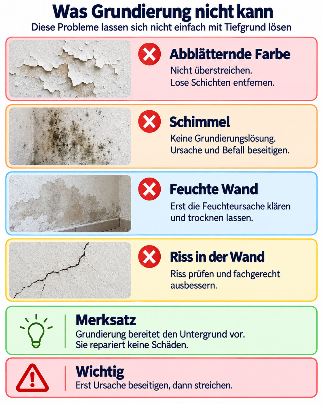 Infografik zu Problemen, die sich nicht mit Grundierung lösen lassen: abblätternde Farbe, Schimmel, feuchte Wand und Risse.