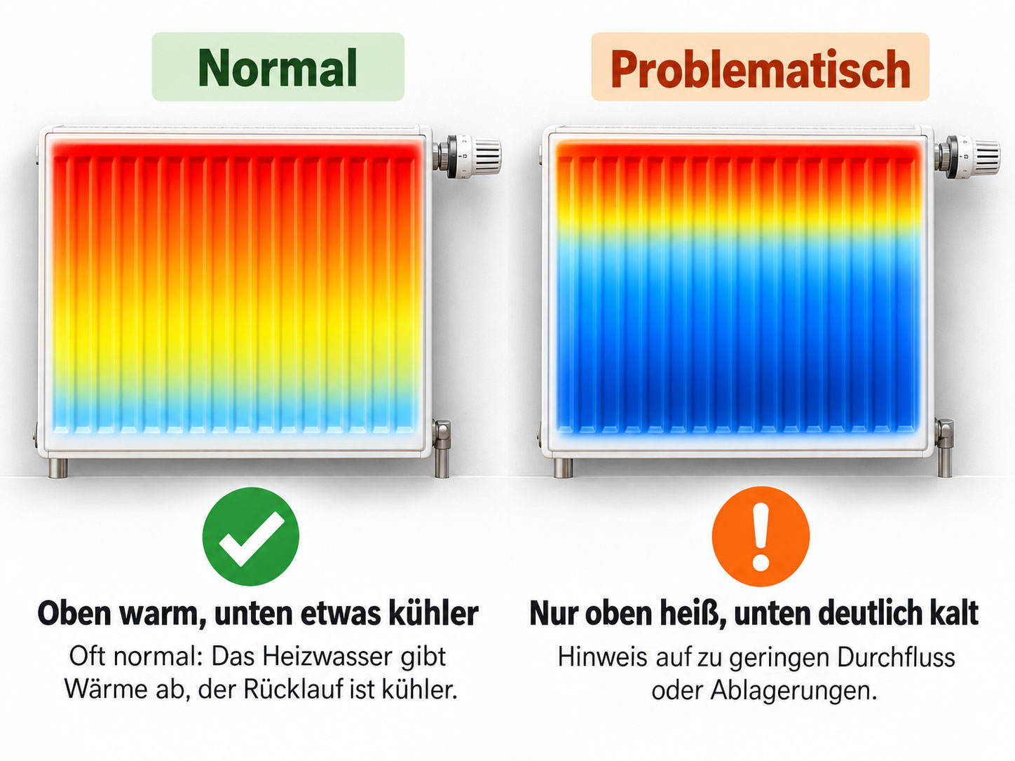 Vergleich zweier Heizkörper: links normales Temperaturgefälle mit warmem oberen und etwas kühlerem unteren Bereich, rechts problematisch mit heißem oberen und kaltem unteren Bereich.