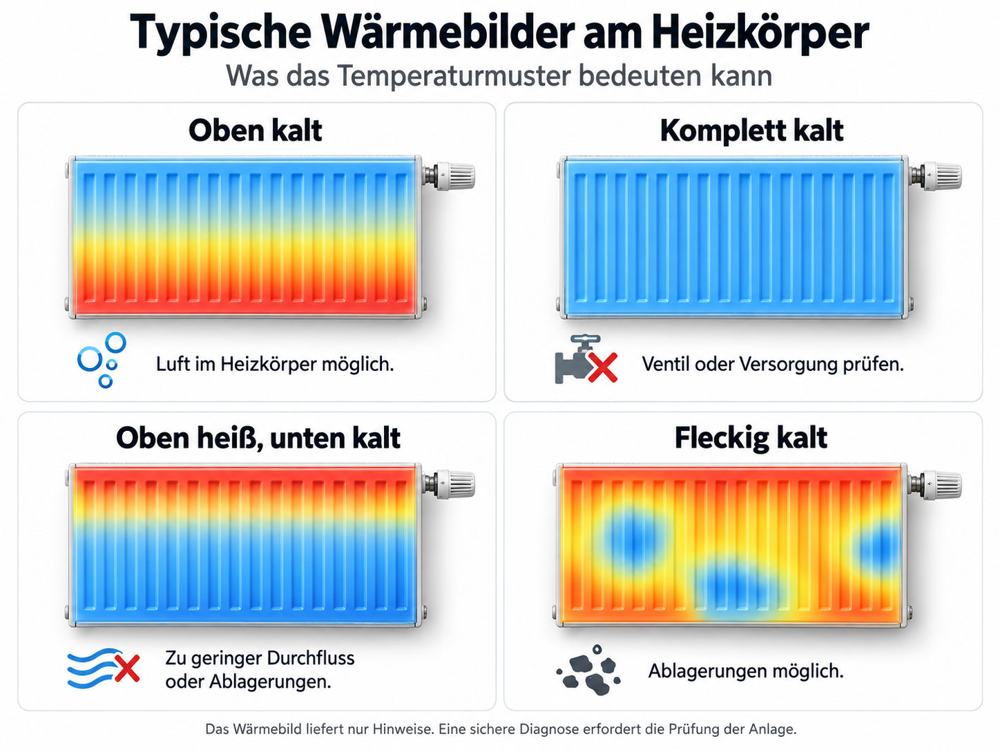 Vier typische Wärmebilder am Heizkörper: oben kalt, komplett kalt, oben heiß und unten kalt sowie einzelne kalte Bereiche mit möglichen Ursachen.