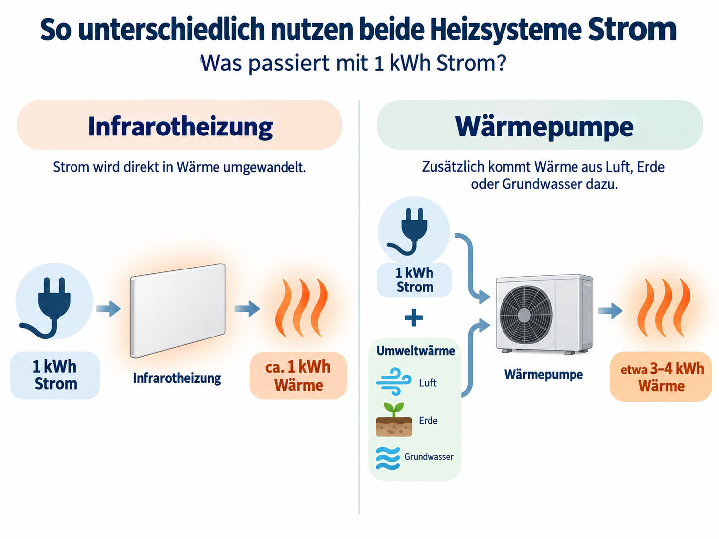 Vergleich von Infrarotheizung und Wärmepumpe: 1 kWh Strom ergibt bei Infrarot etwa 1 kWh Wärme, mit Umweltwärme bei der Wärmepumpe etwa 3 bis 4 kWh Wärme.
