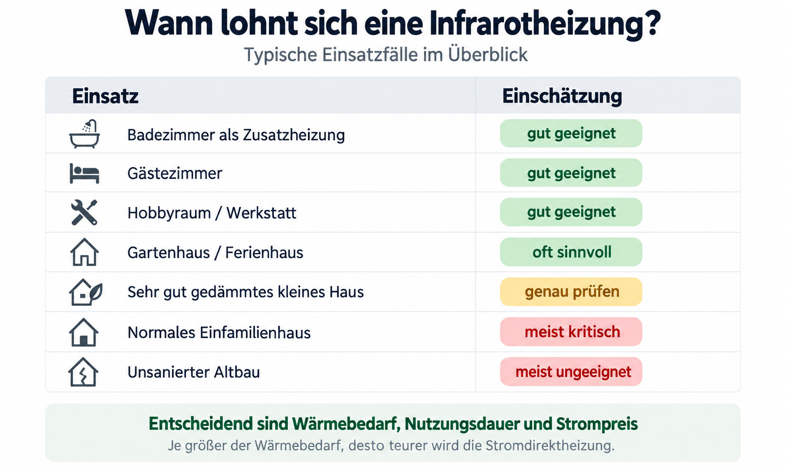 Übersicht zu typischen Einsatzbereichen von Infrarotheizungen: gut geeignet für Bad, Gästezimmer und Hobbyraum, kritisch bei Einfamilienhaus und unsaniertem Altbau.