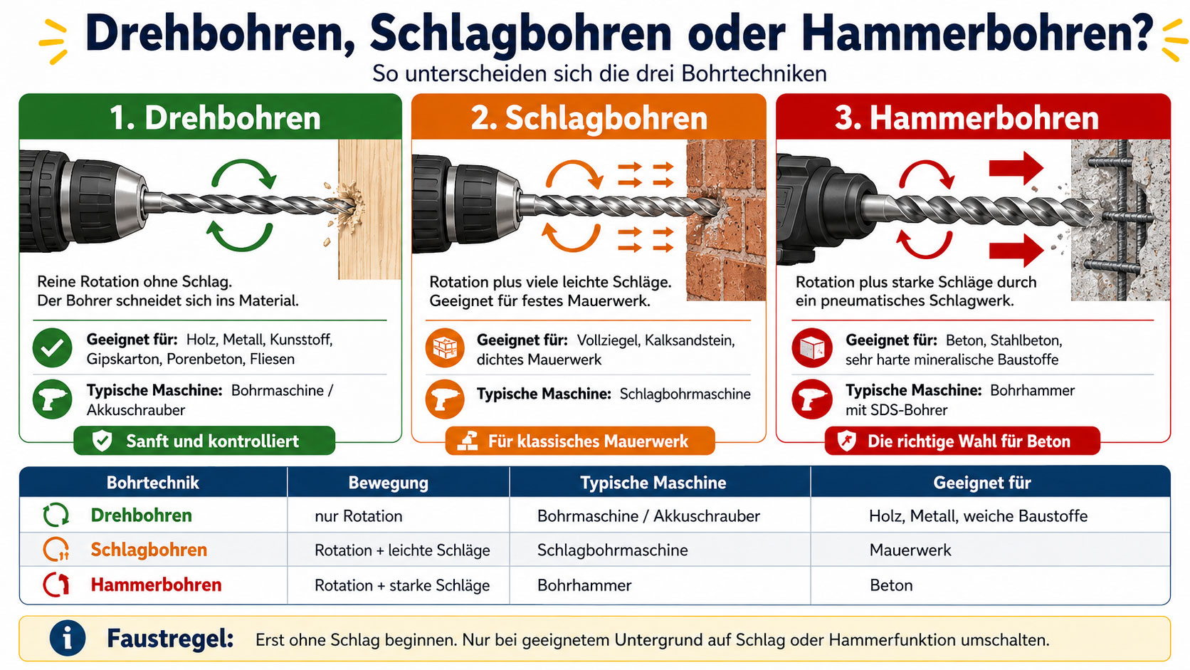 Drehbohren, Schlagbohren oder Hammerbohren