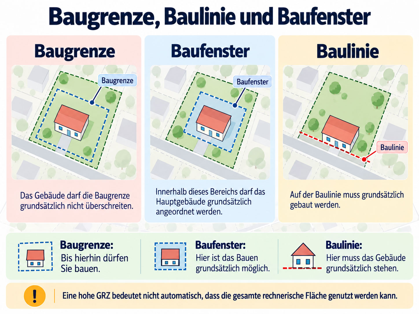 Infografik mit drei Grundstücken zur Erklärung von Baugrenze, Baufenster und Baulinie im Bebauungsplan.