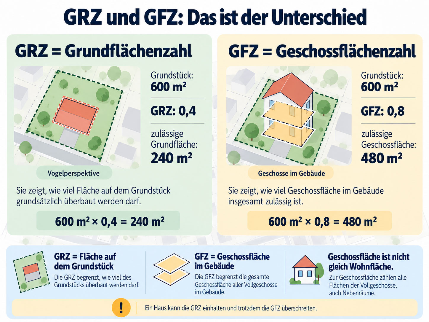 Infografik zum Unterschied zwischen GRZ und GFZ am Beispiel eines 600 Quadratmeter großen Grundstücks mit GRZ 0,4 und GFZ 0,8.