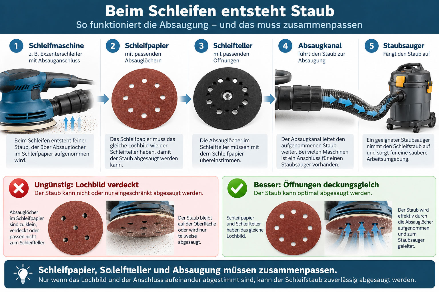 Infografik zur Staubabsaugung beim Schleifen mit Schleifmaschine, perforiertem Schleifpapier, Schleifteller, Absaugkanal und Staubsauger sowie Vergleich von passendem und verdecktem Lochbild.