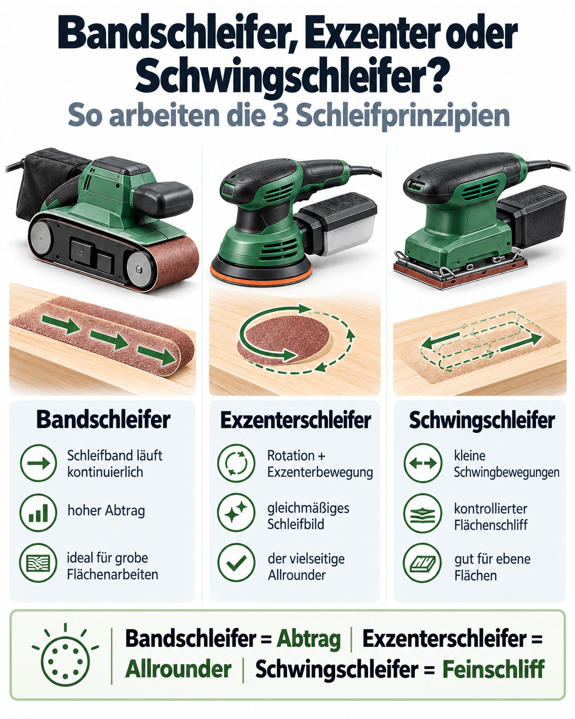Vergleich der Arbeitsweise von Bandschleifer, Exzenterschleifer und Schwingschleifer mit Darstellung von Schleifband, Rotation und Schwingbewegung.