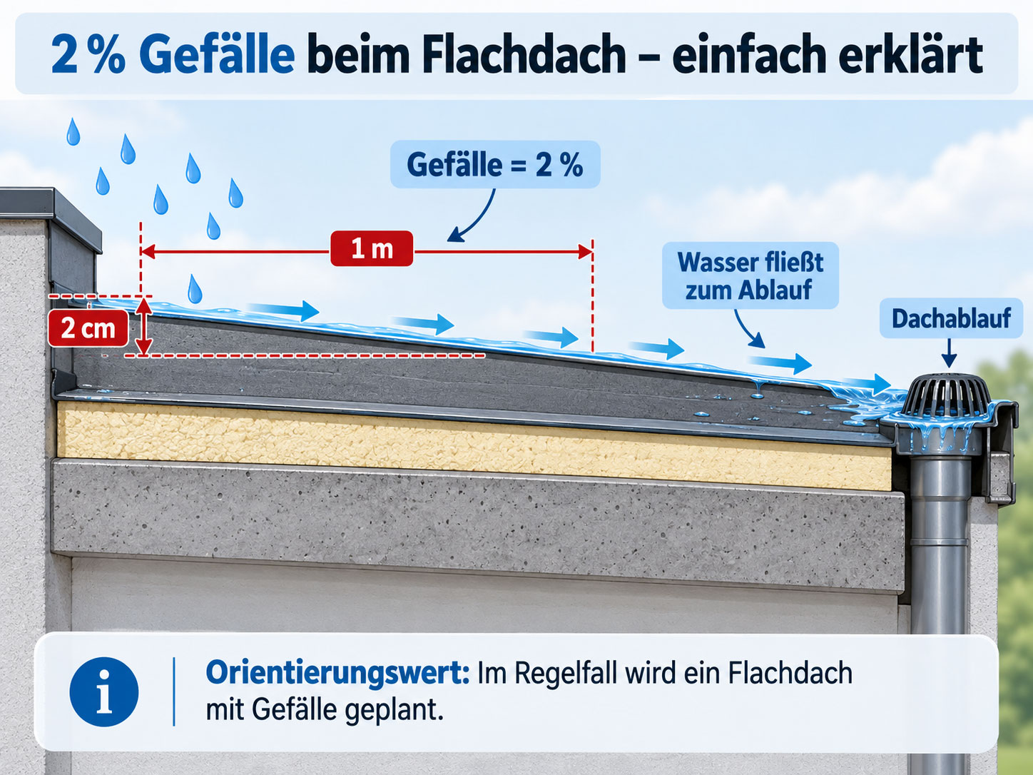 Flachdach mit 2 Prozent Gefälle, entsprechend 2 Zentimetern Höhenunterschied pro Meter, und Wasserfluss zum Dachablauf